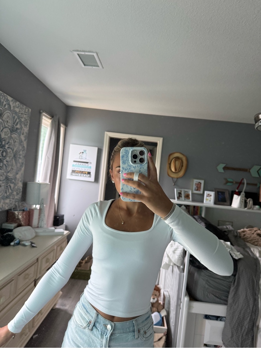 Hollister White Square Neck Long Sleeve Top